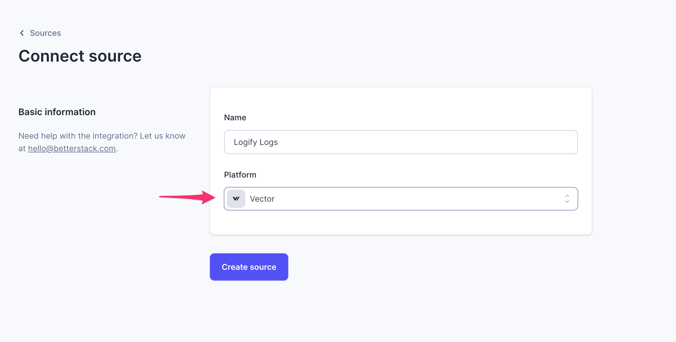 Screenshot showing that the name field has been filled with "Logify logs" and the Platform field has been set to "Vector"