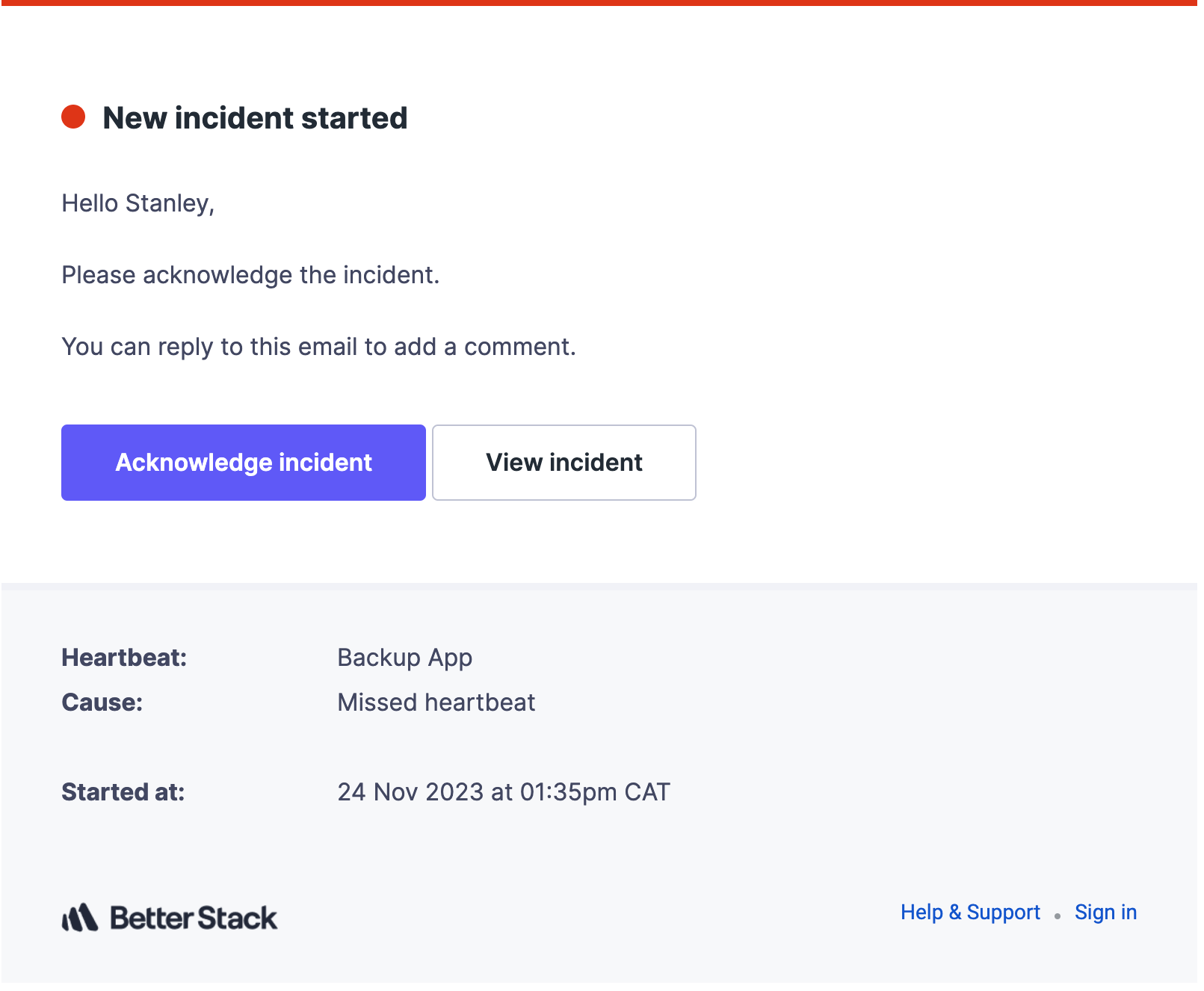 Screenshot of an email sent By Better Stack