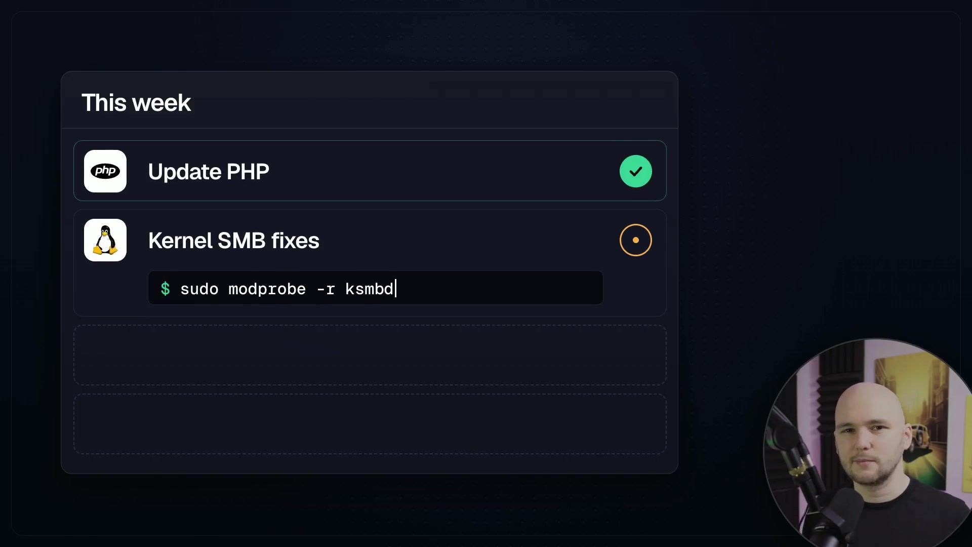 A checklist graphic showing the key updates for the week, including PHP, Kernel SMB fixes, GitLab, and Node.js, with the `sudo modprobe -r ksmbd` command highlighted.