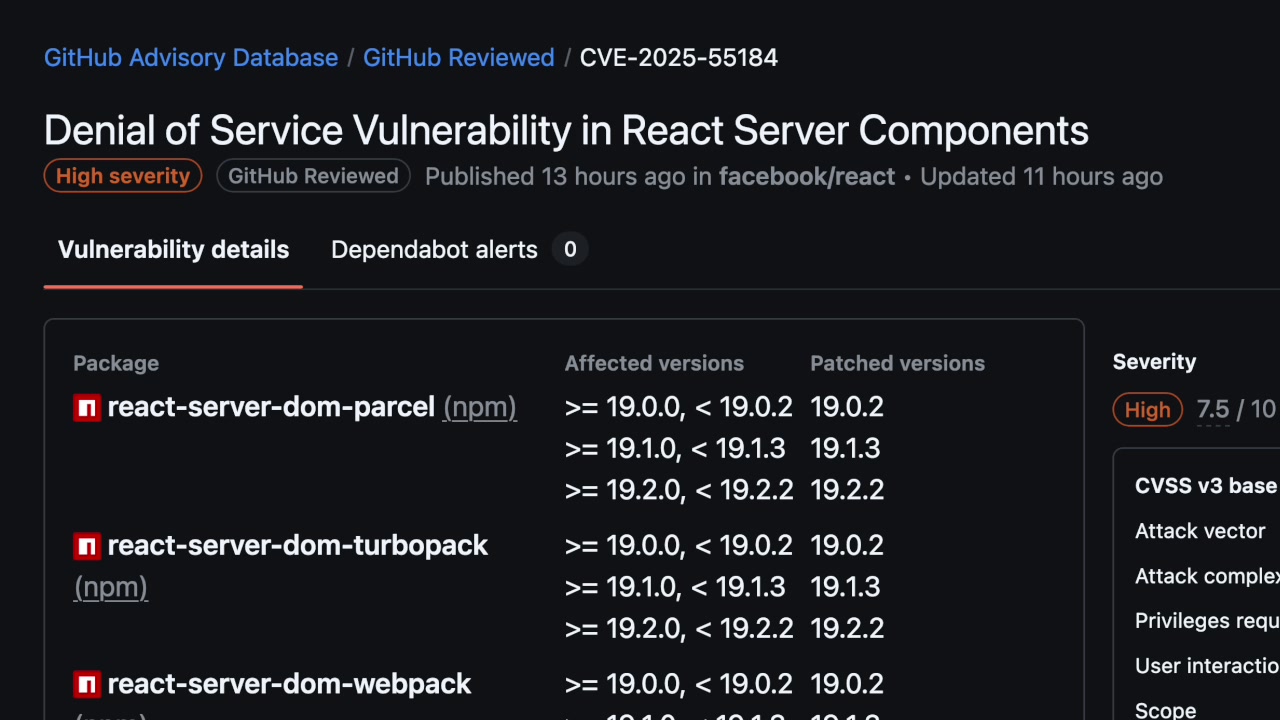 The GitHub Advisory Database entry for the Denial of Service vulnerability, showing affected packages and versions.