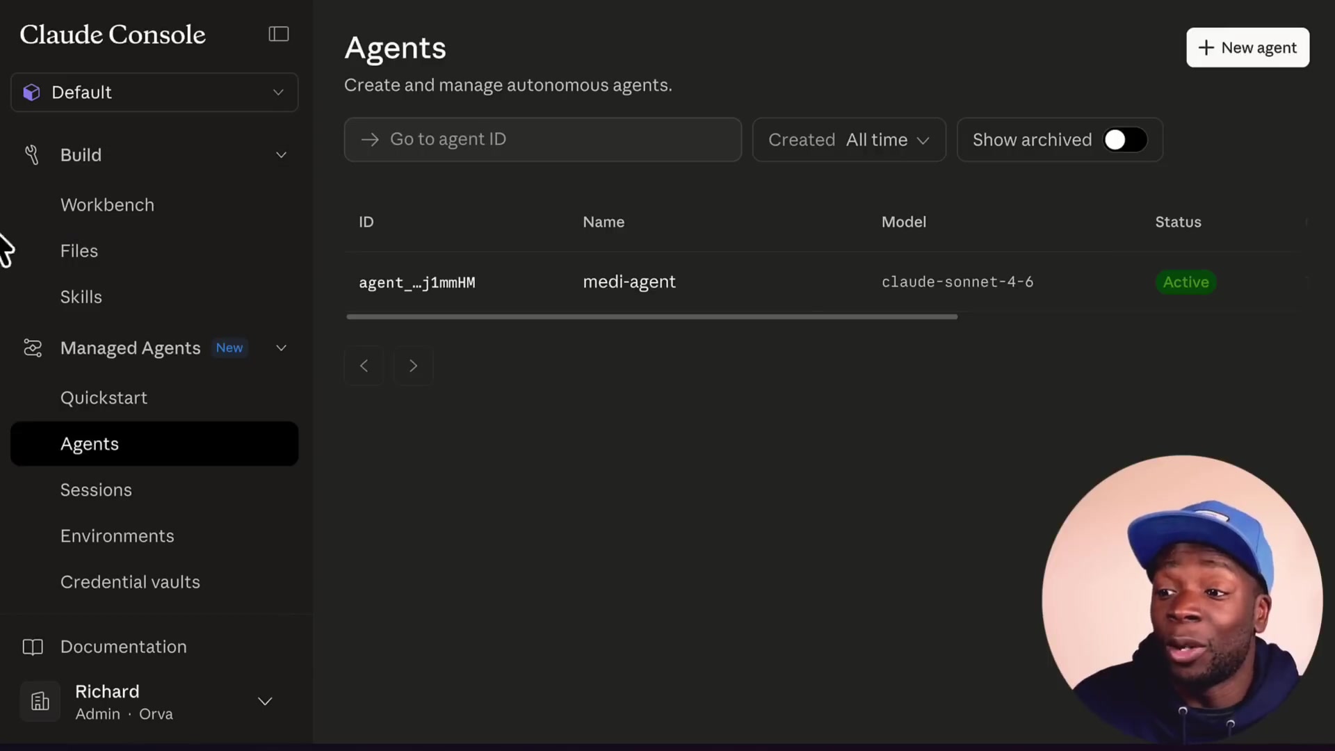 Agents page in the Claude Console listing the newly created medi-agent with its ID, model, and Active status