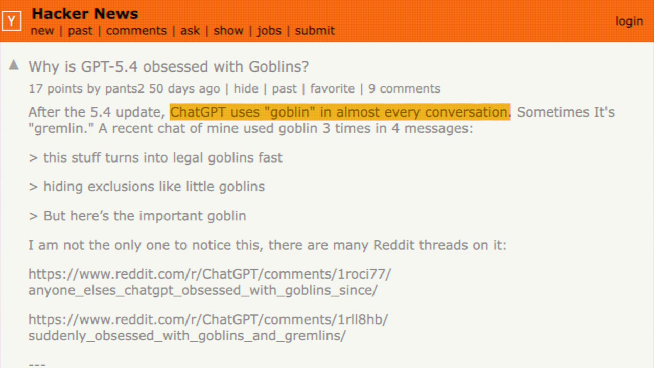 Screenshot of a Hacker News post titled "Why is GPT-5.4 obsessed with Goblins?"