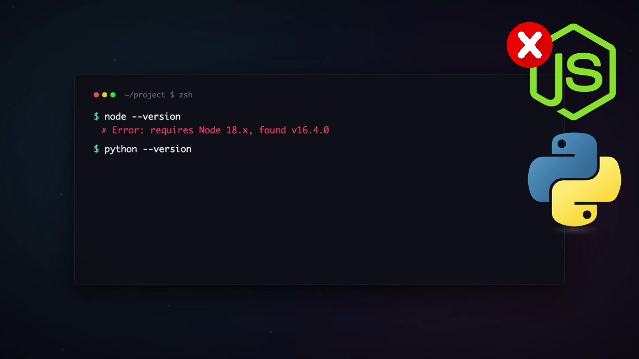 Terminal window displaying a cascade of setup errors for Node.js, Python, PostgreSQL, and Docker illustrating the failure of a typical README setup guide