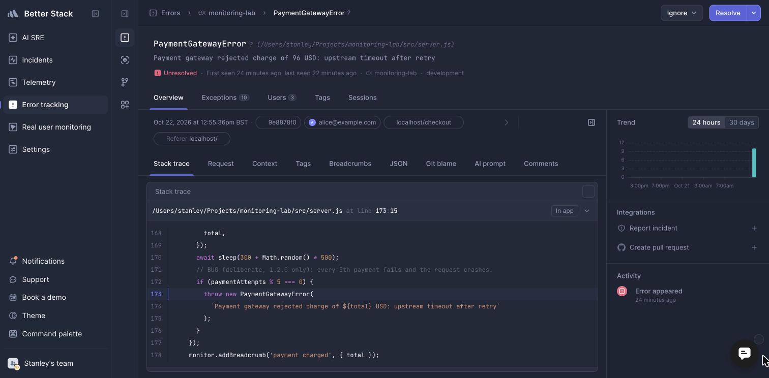 Better Stack payment error with its source code