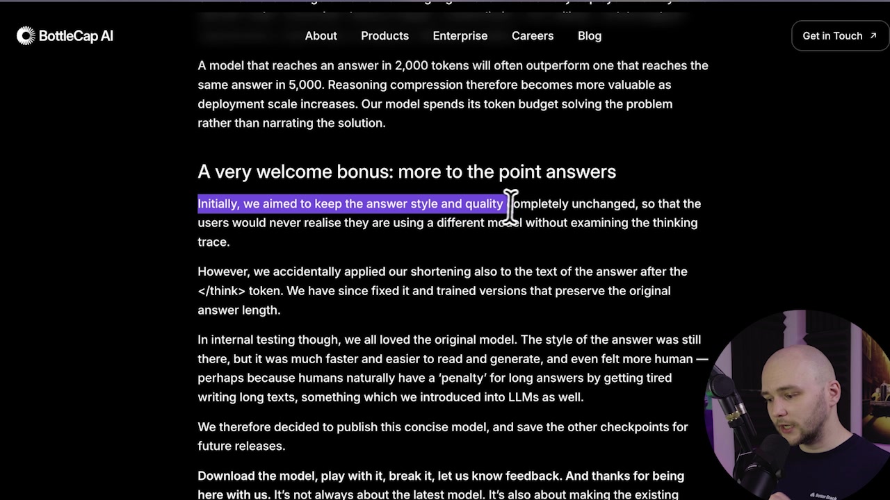 A screenshot of the BottleCap AI write-up explaining their initial goal to only change the thinking trace.