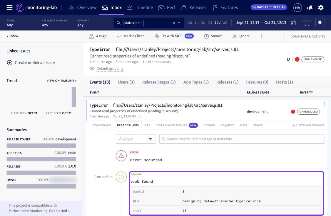 BugSnag breadcrumbs timeline for the coupon error