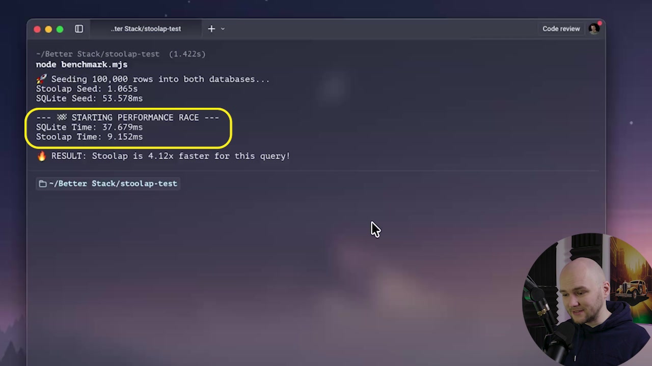 The terminal output for the first benchmark showing Stoolap is 4.12x faster.