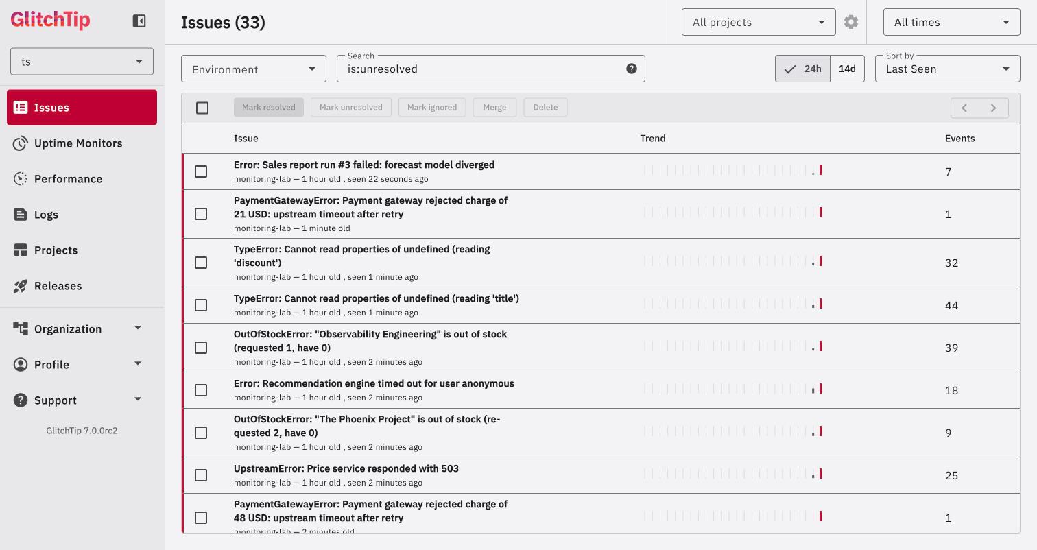 GlitchTip issues list after the bad release