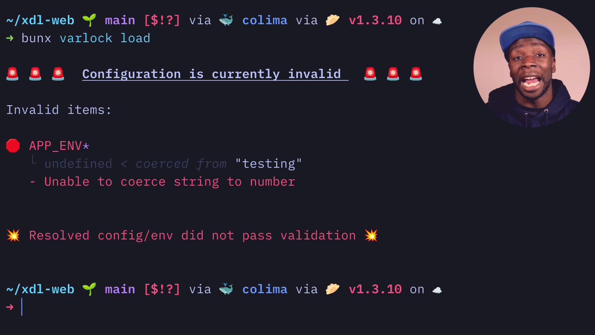 Terminal output showing a validation error: "Configuration is currently invalid" with the message "Unable to coerce string to number" for the APP_ENV variable
