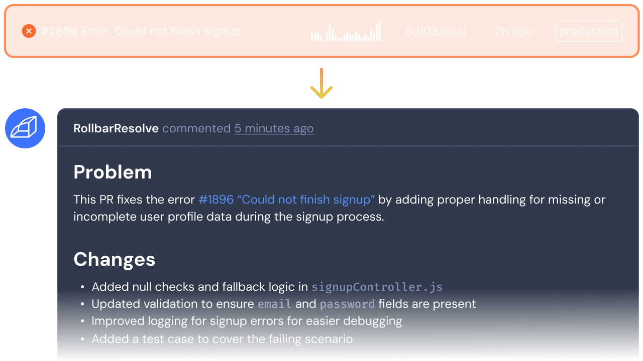 SCREENSHOT: Rollbar Resolve agent pull request workflow