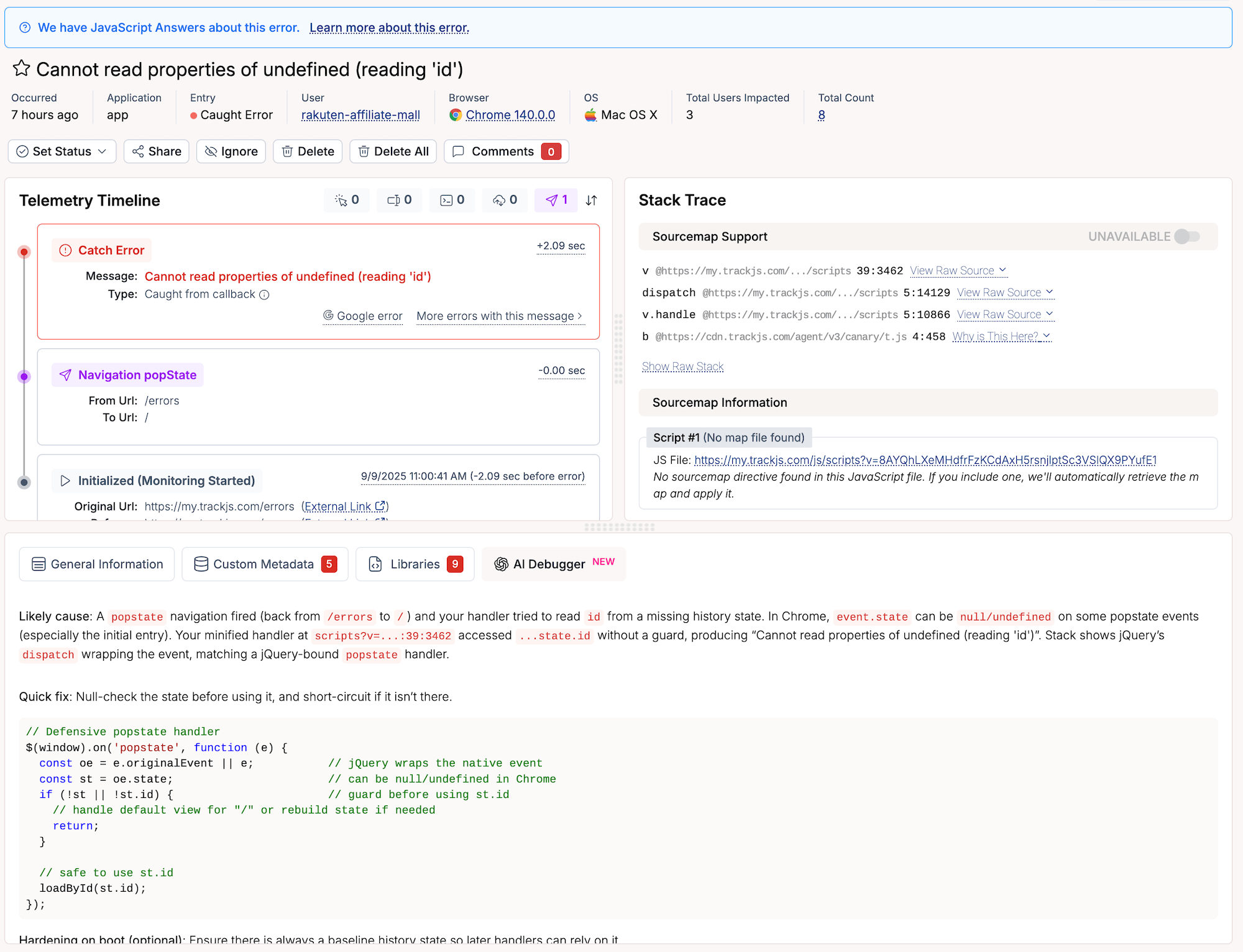 Screenshot of TrackJS ai code debugger