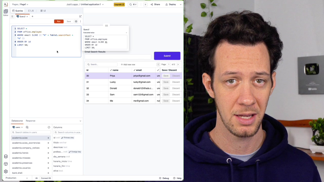 Query editor showing the SQL search query with the Input1.text binding syntax clearly visible