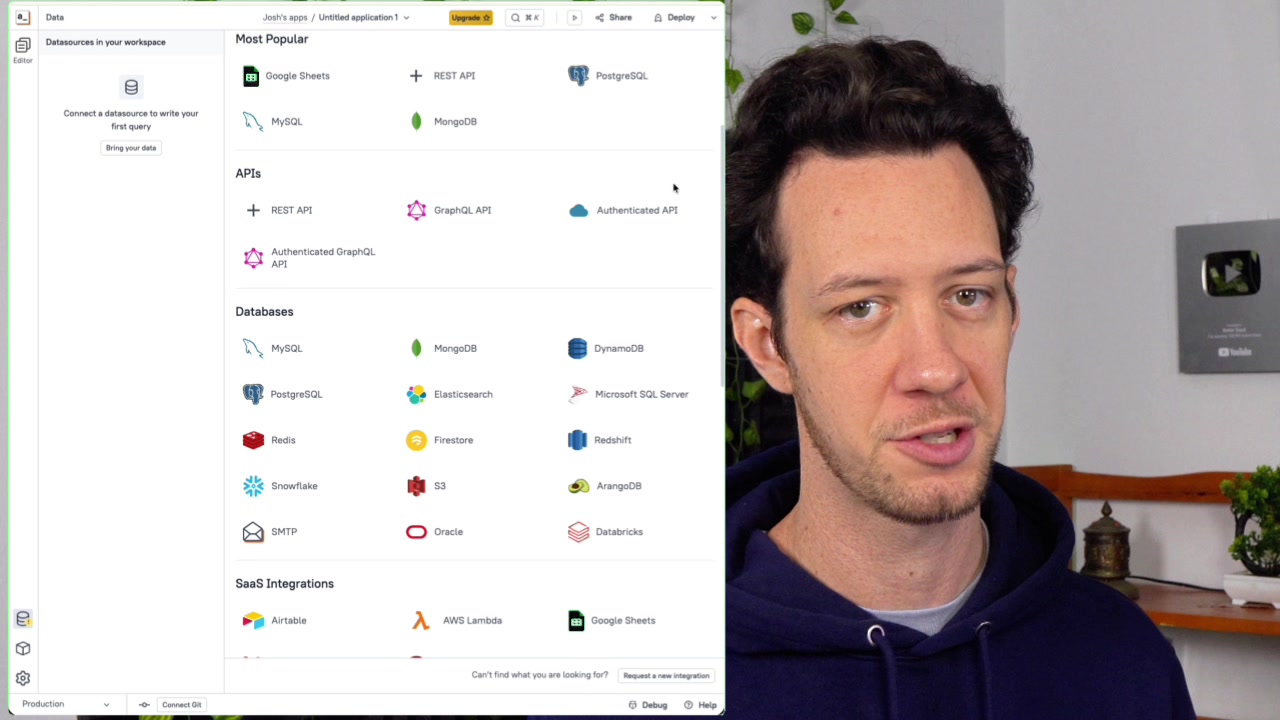 The "Connect a datasource" screen showing available integrations from databases like PostgreSQL and MongoDB to SaaS tools like Google Sheets and Stripe