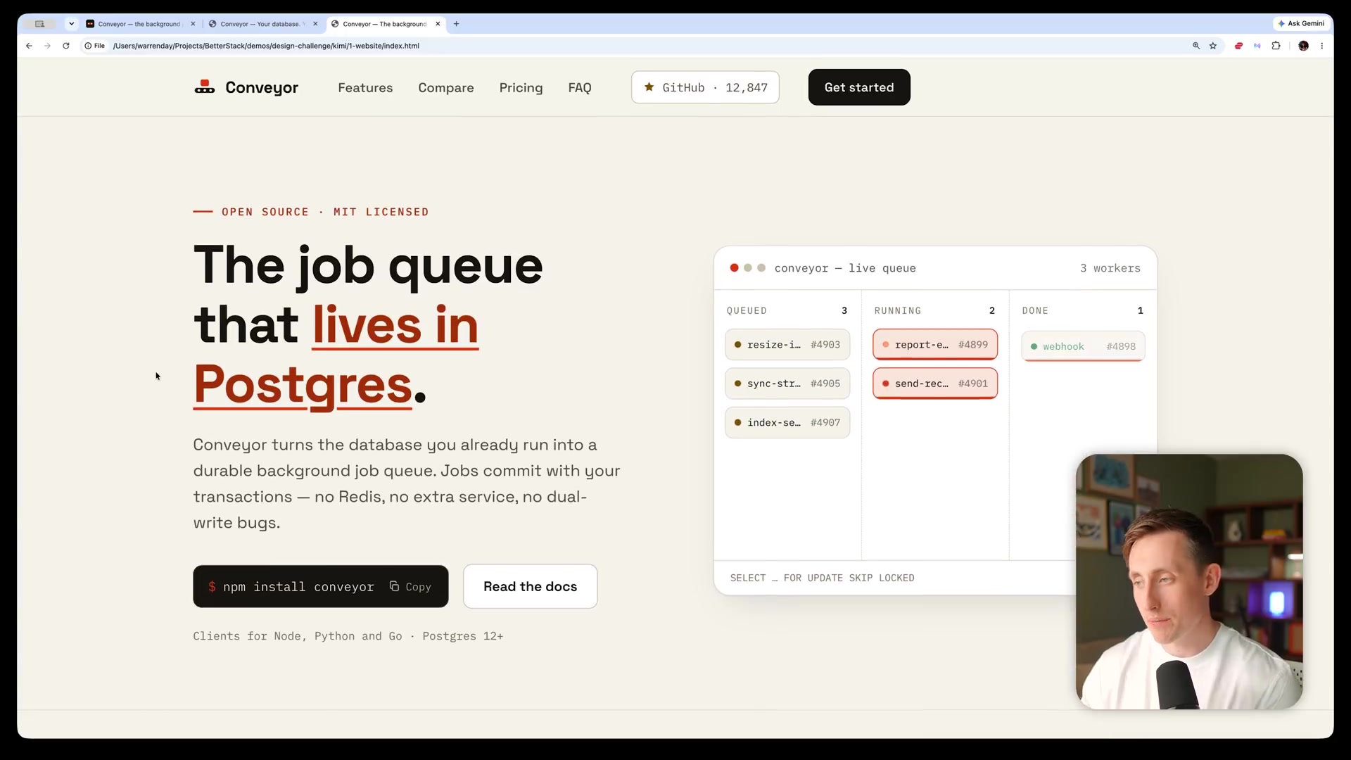 The hero section of Kimi's winning landing page design for "Conveyor," showcasing excellent typography and a clean layout.