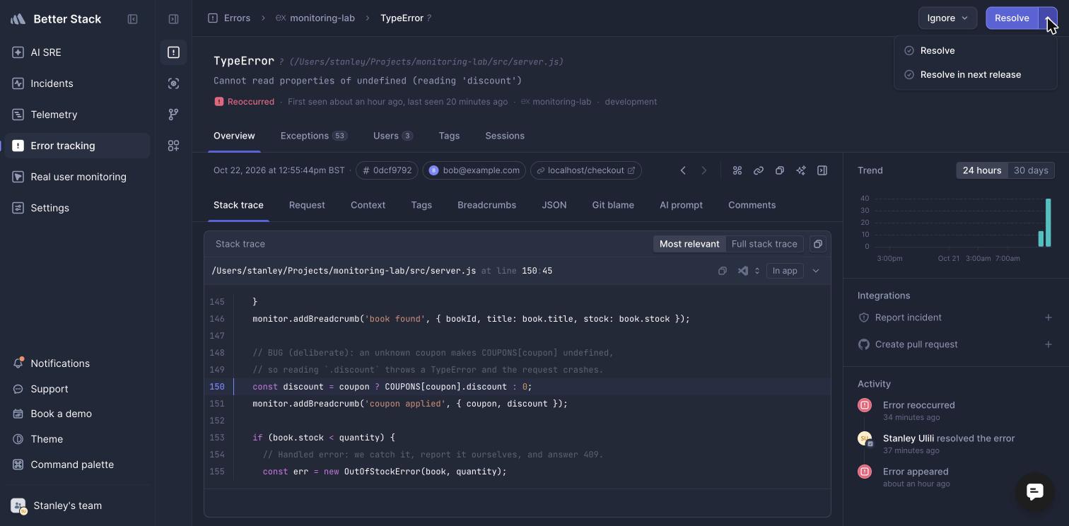 Better Stack error with source code around the failing line