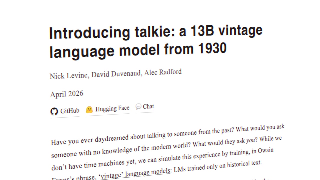 Screenshot of the blog post announcing Talkie titled "Introducing talkie: a 13B vintage language model from 1930"