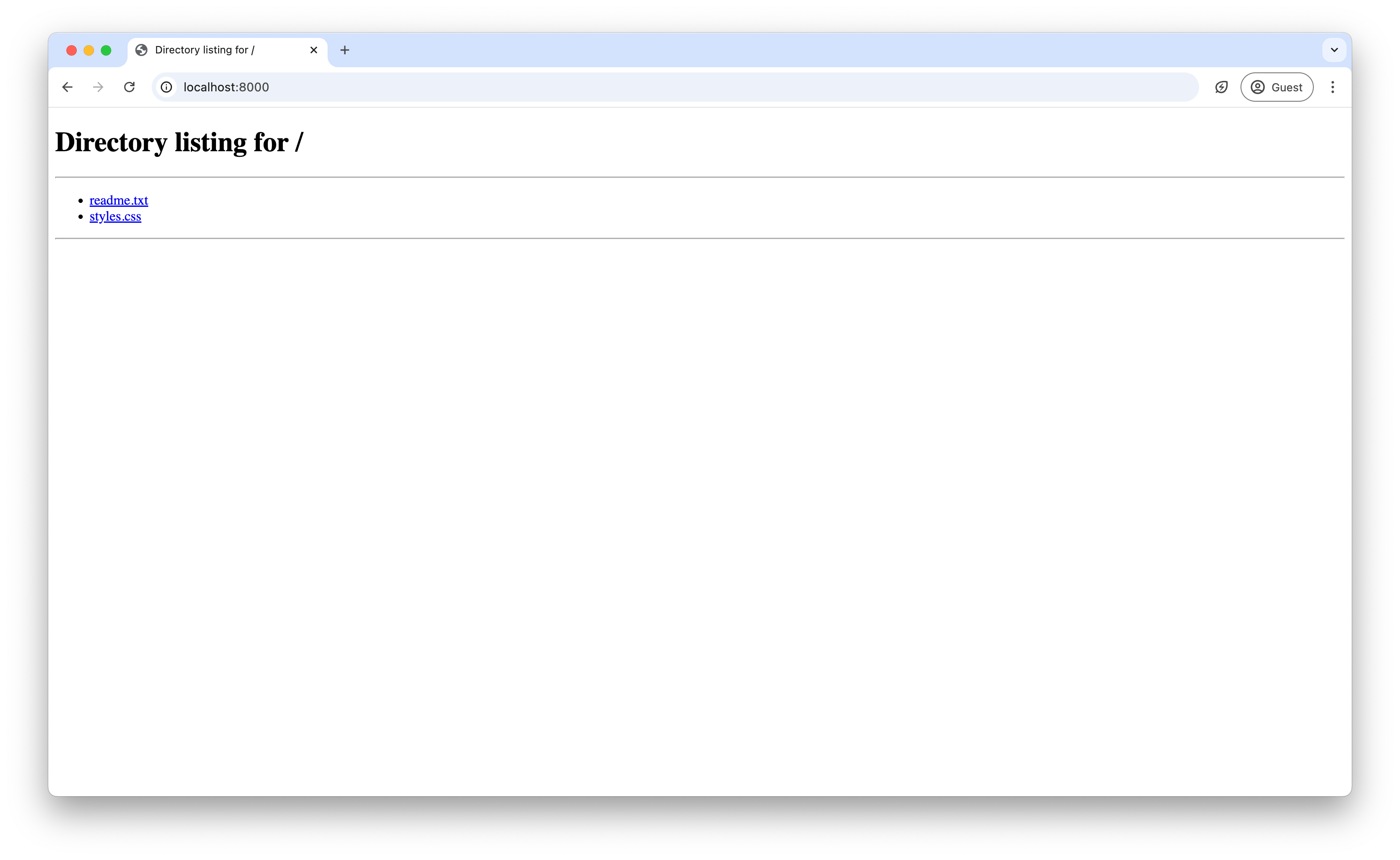 Screenshot of a web browser showing files served by Python HTTP server at localhost:8000