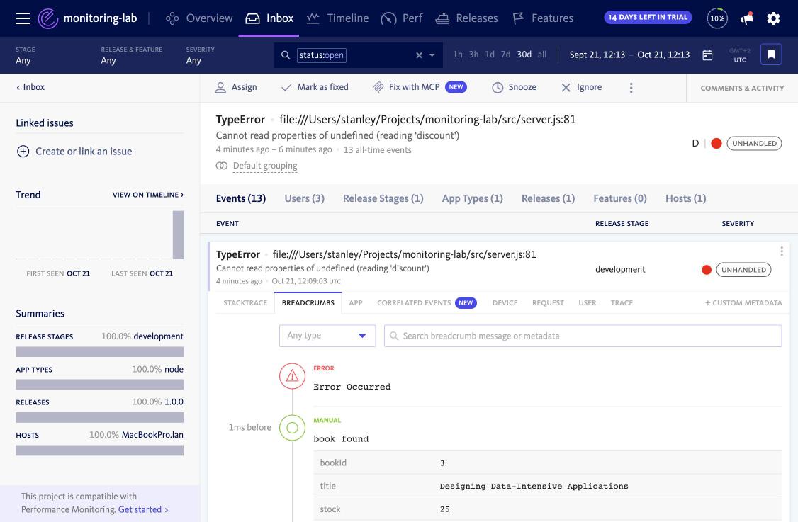 BugSnag breadcrumbs timeline on the coupon error