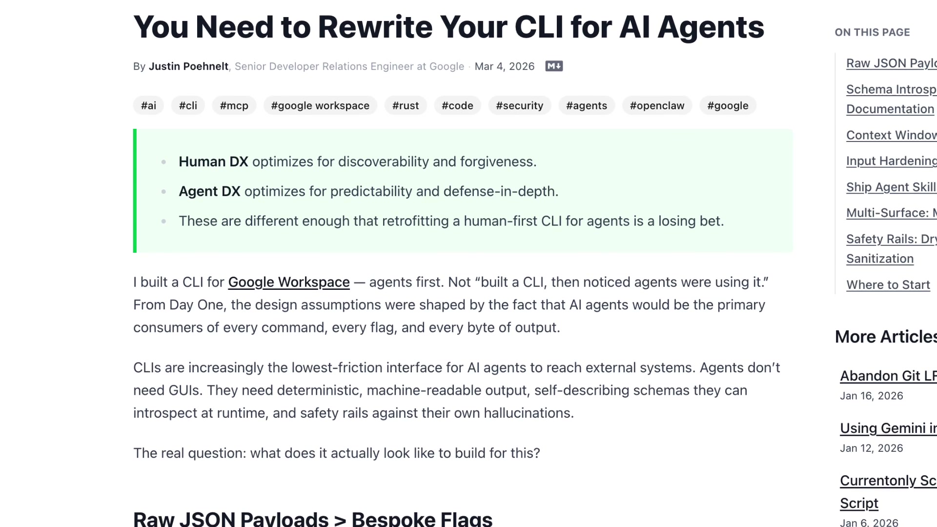 Blog post by Justin Poehnelt highlighting the distinction between Human DX and Agent DX