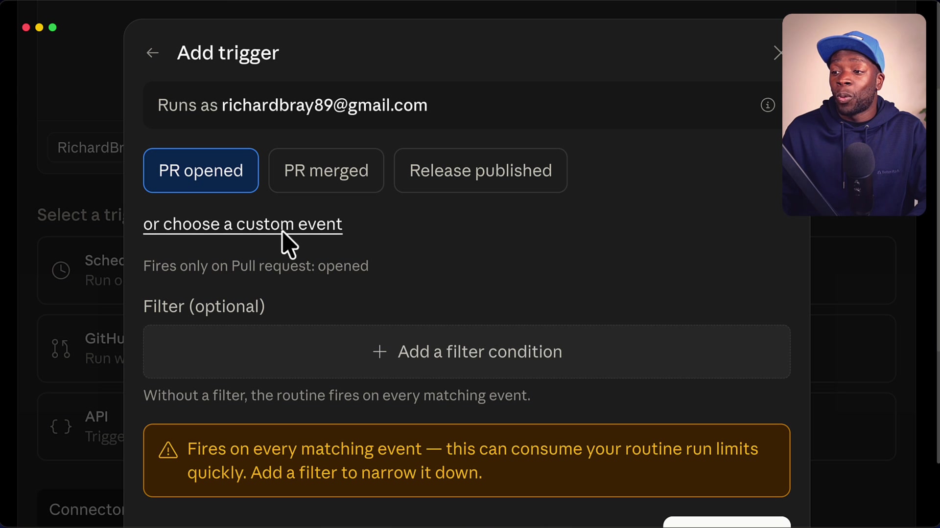 Trigger configuration screen showing the "PR opened" event selected for a GitHub-based trigger