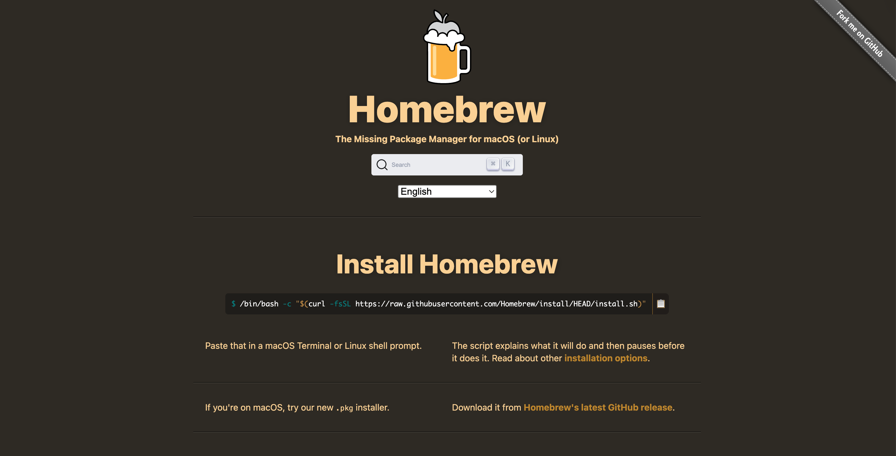 Screenshot of Homebrew website homepage