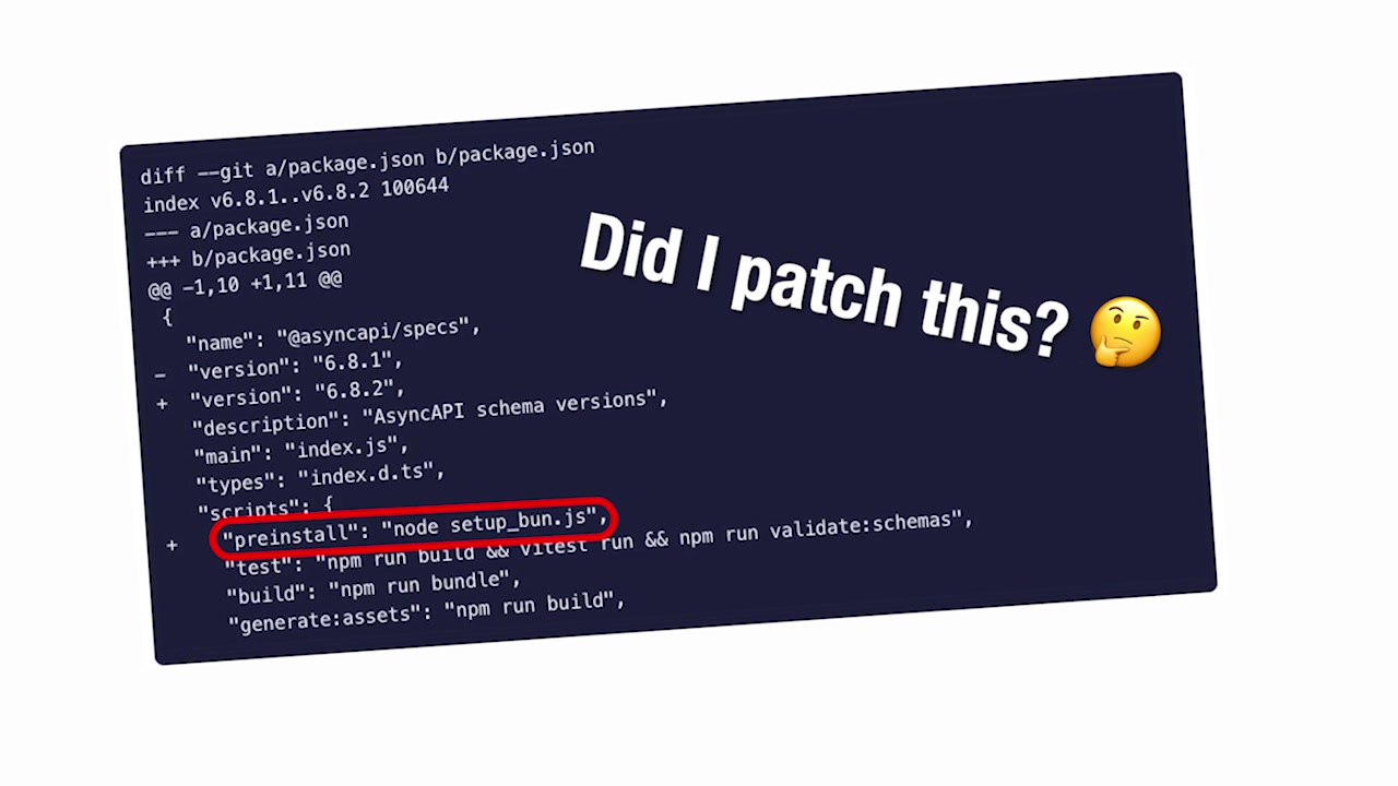 A code snippet showing a diff of a `package.json` file. A red line highlights the new, malicious `preinstall` script that was added by the malware.