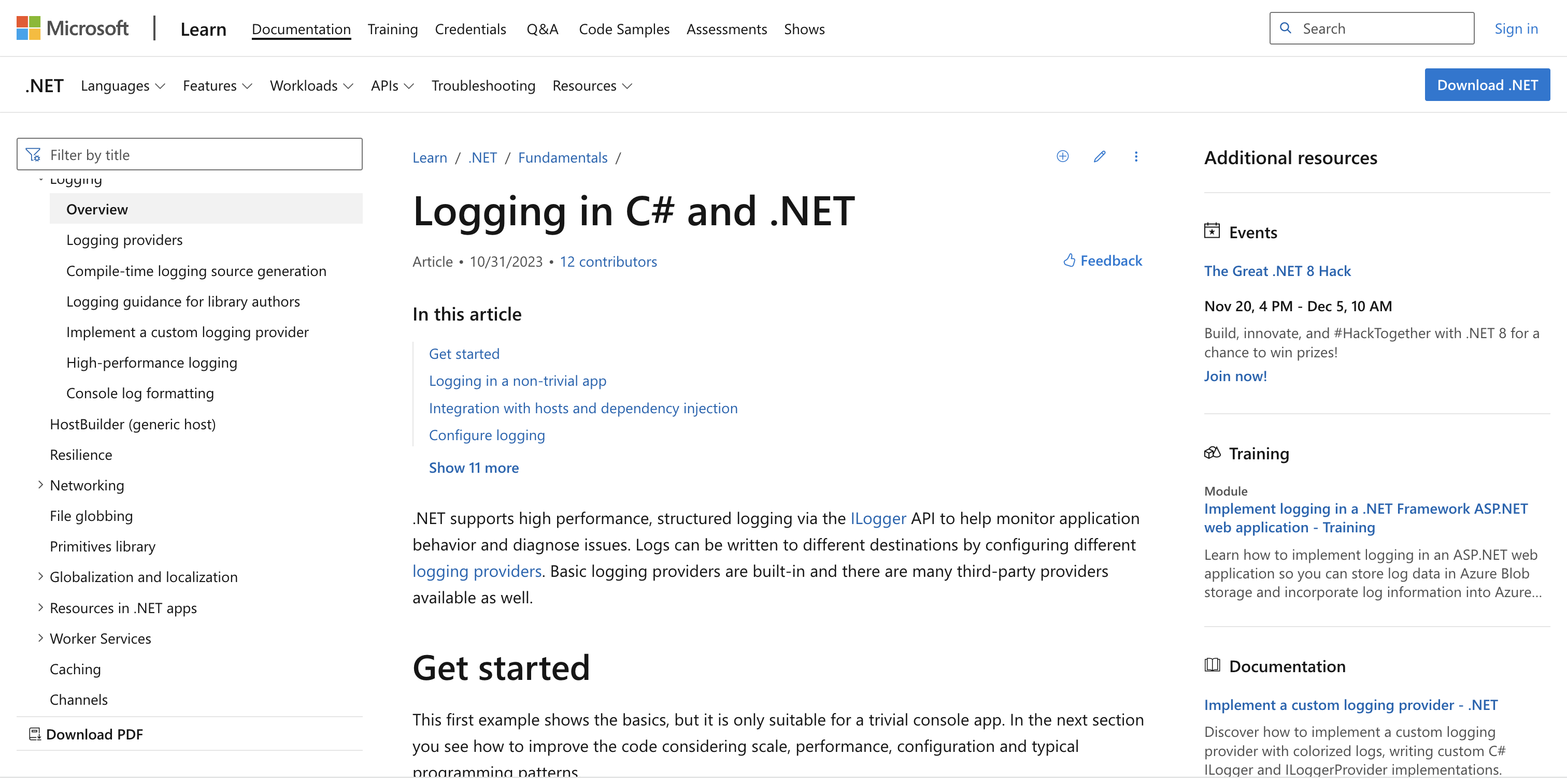 Sreenshot of Microsoft documentation page