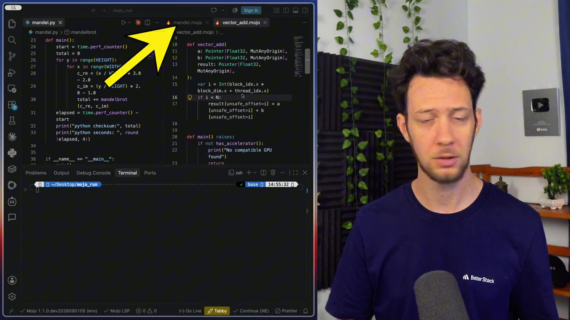 A split-screen view of the `mandel.py` and `mandel.mojo` files, highlighting their nearly identical structure and syntax.