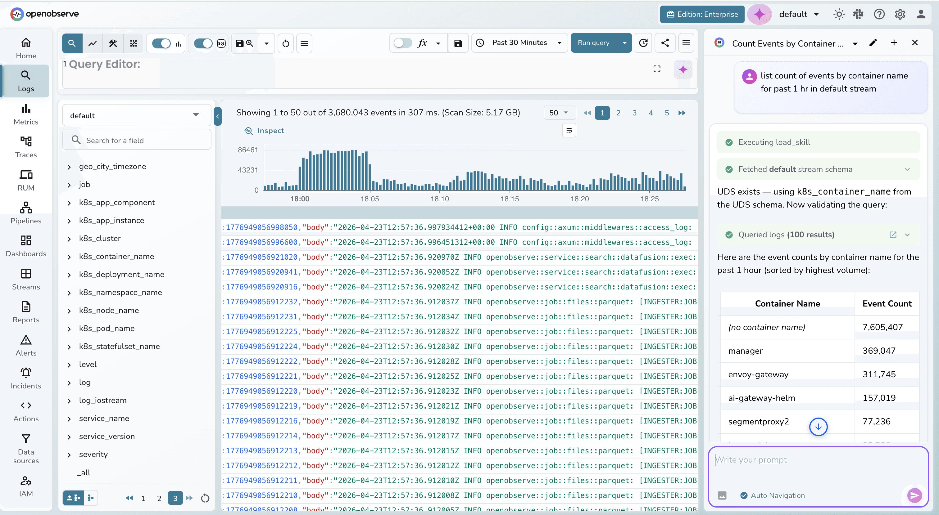 Screenshot of OpenObserve AI assistent