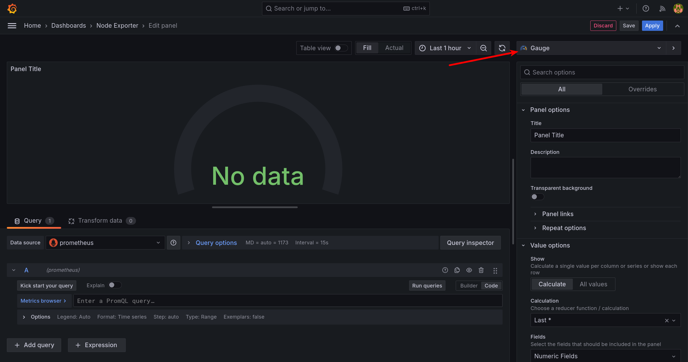 Selecting the Gauge chart in Grafana
