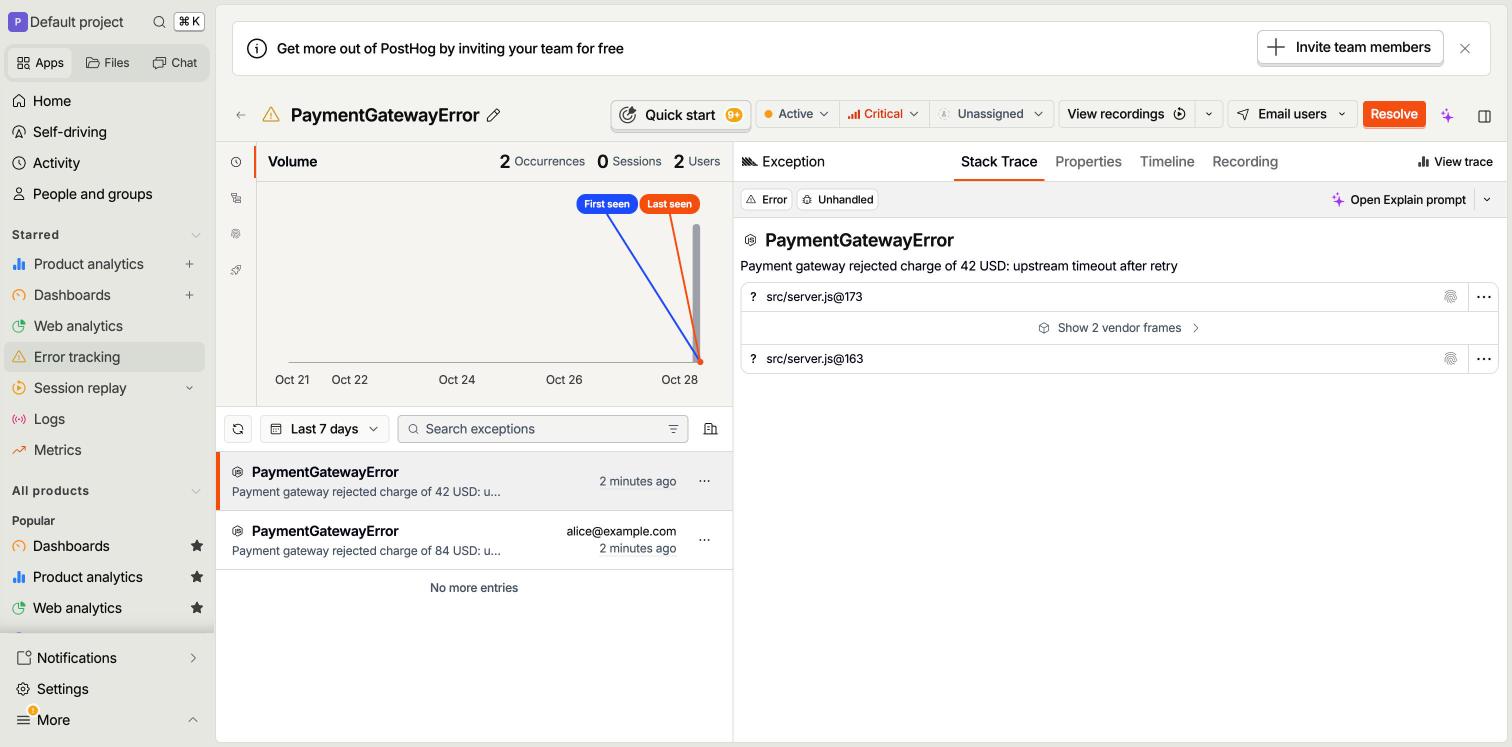 PostHog payment error with two vendor frames hidden between the app frames