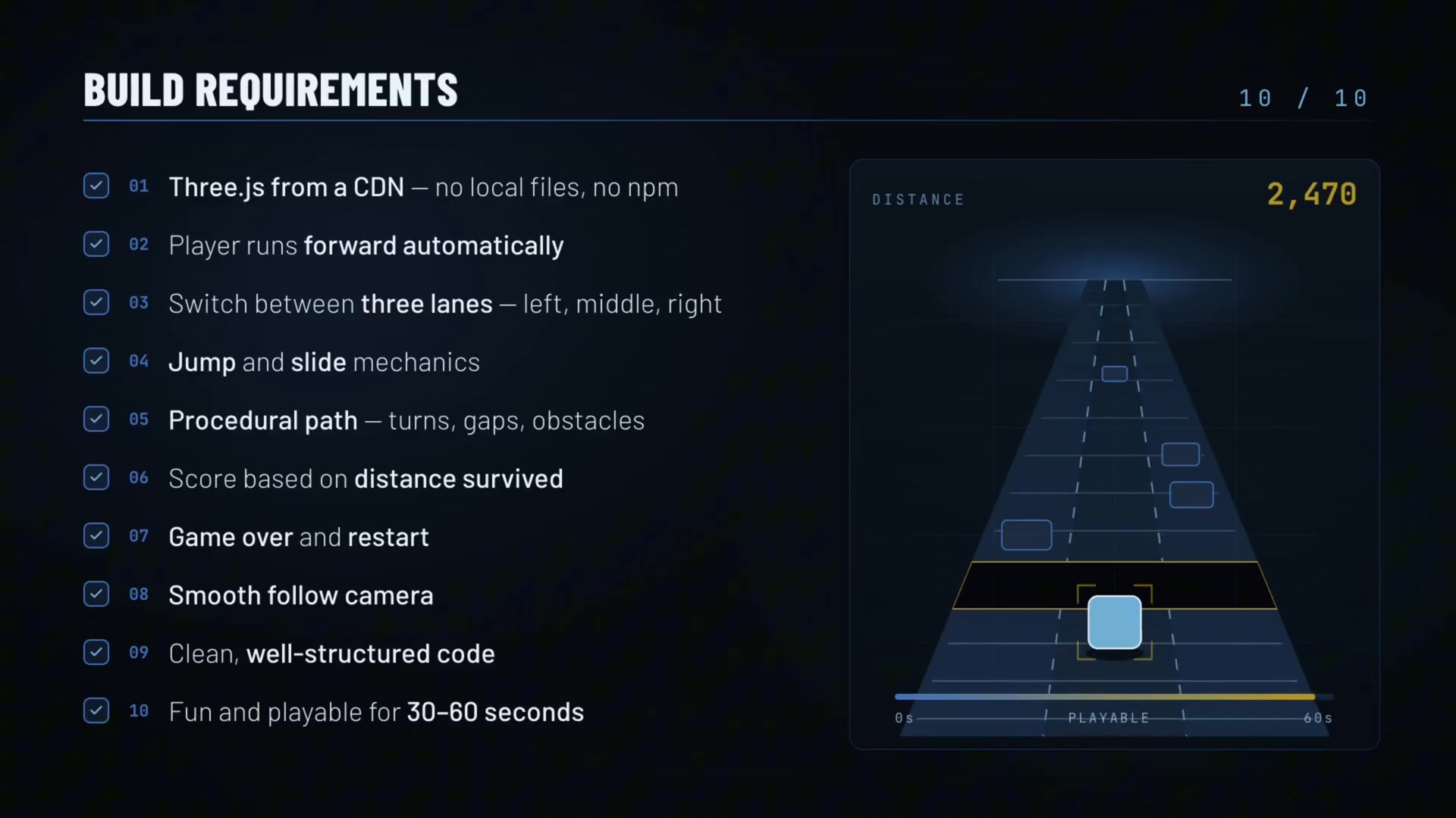 A clear, stylized list of the 10 build requirements for the 3D endless runner game.