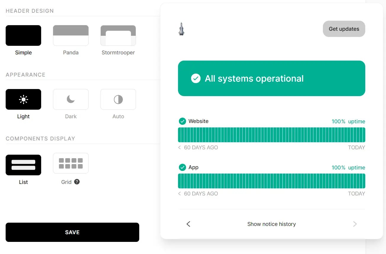 SCREENSHOT: Instatus status page design and widget examples