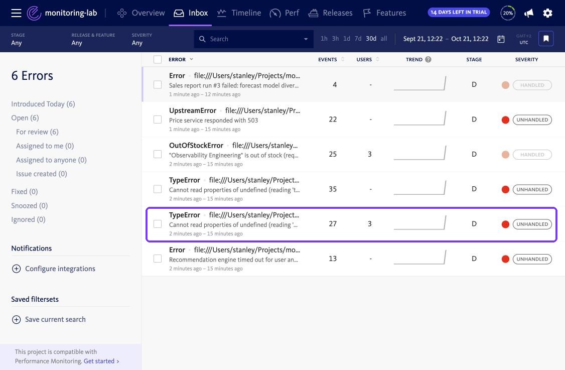 BugSnag inbox after release 1.1.0