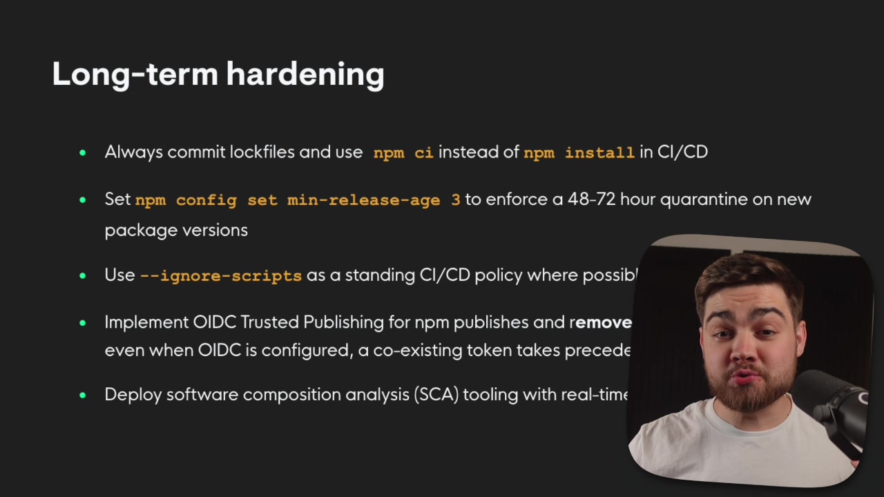 Slide presenting a list of long-term hardening techniques for securing the software supply chain
