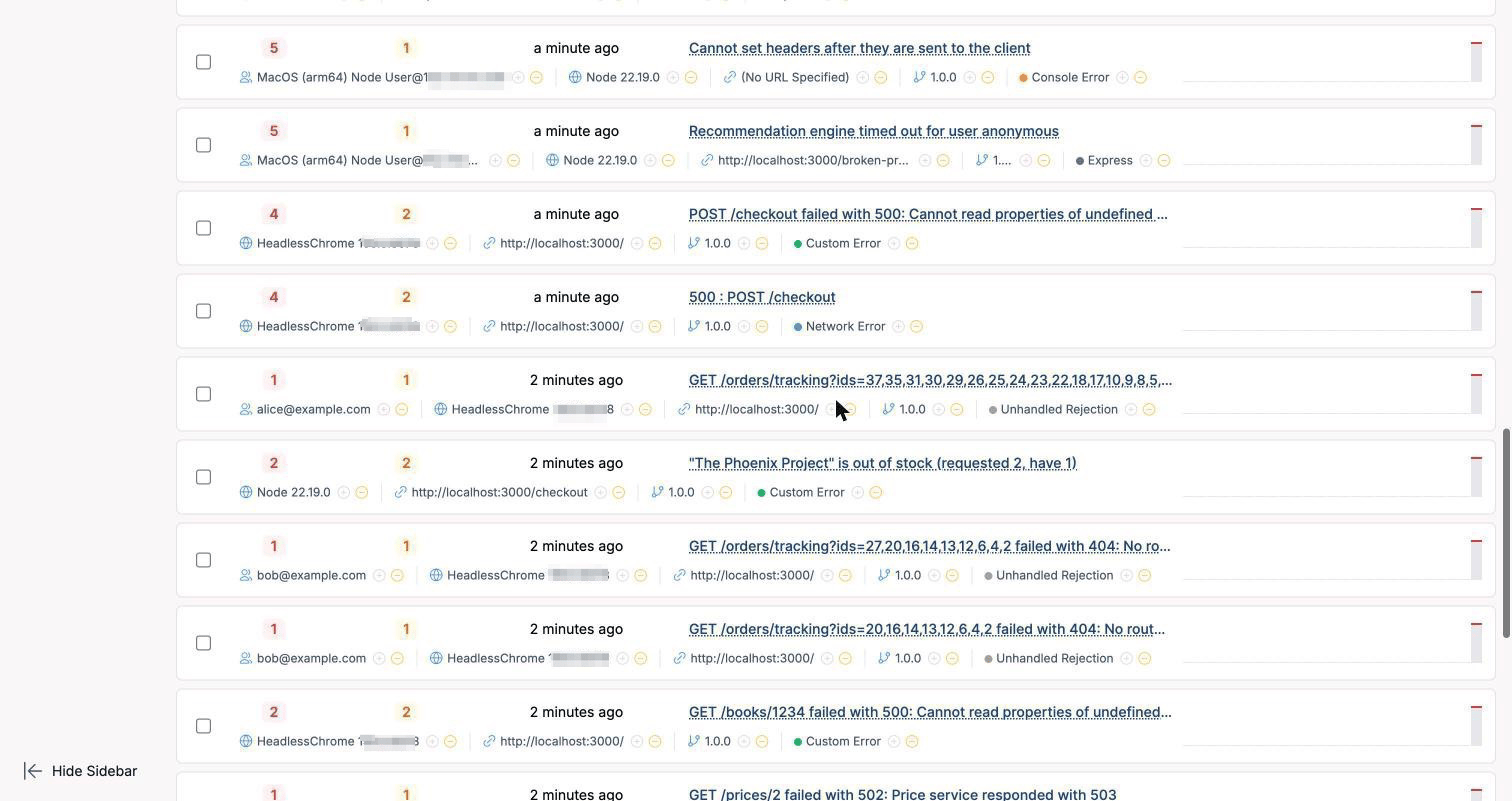 TrackJS list with the app's error and the automatic network error side by side