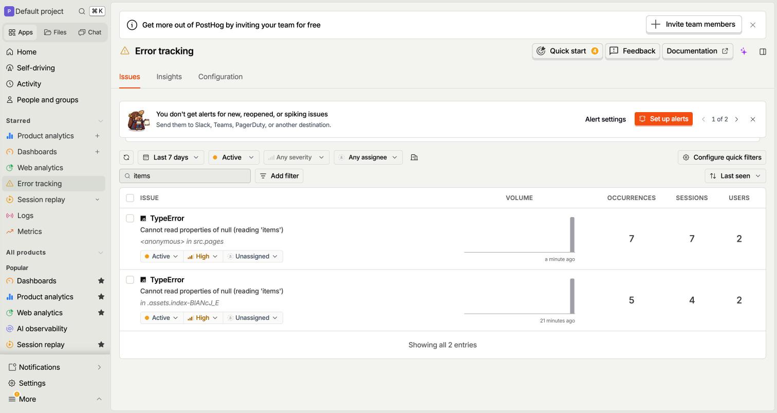 PostHog wishlist error split into minified and source-mapped issues