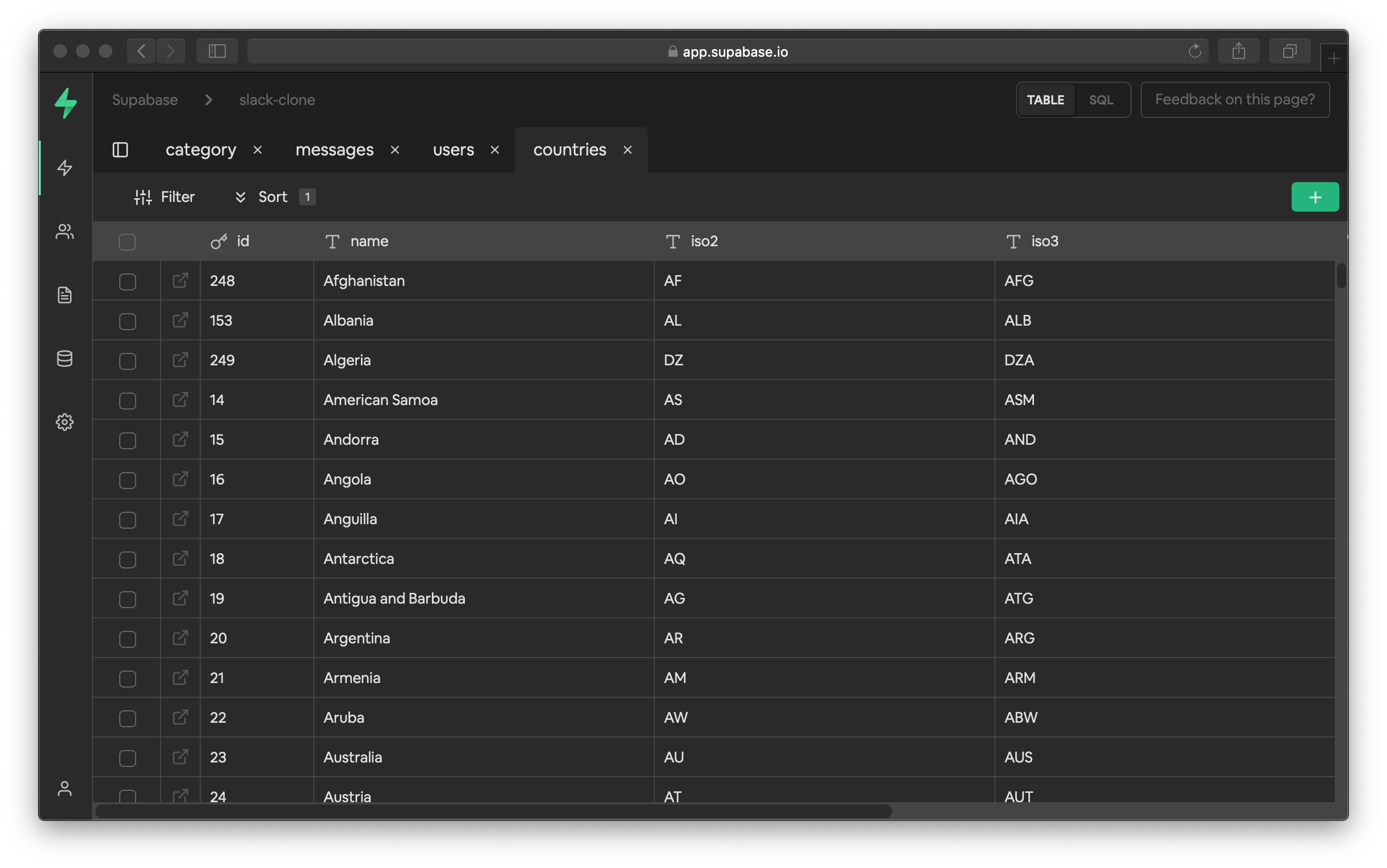 Screenshot of Supabase ui