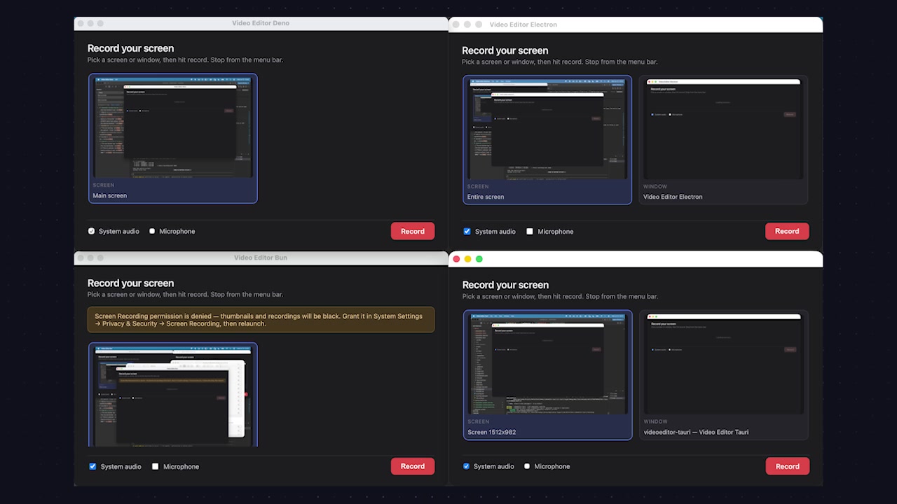 A grid showing the same video editor application built with four different frameworks: Electron, Bun (ElectroBun), Deno, and Tauri.