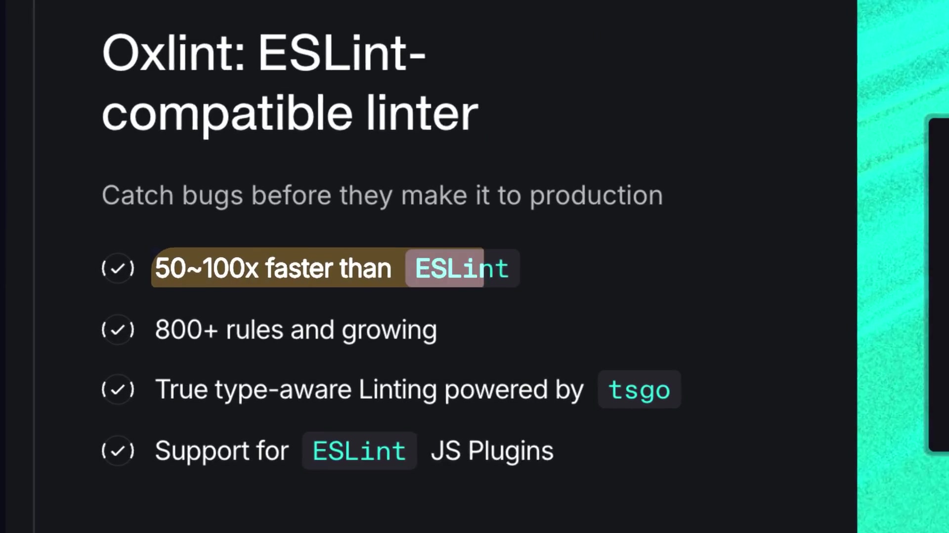A slide from the Oxlint website showing its key features.