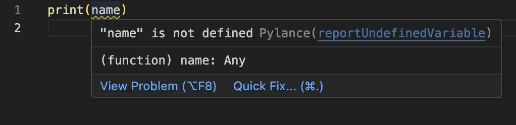 Screenshot of Pylance detecting a `NameError` in the code`