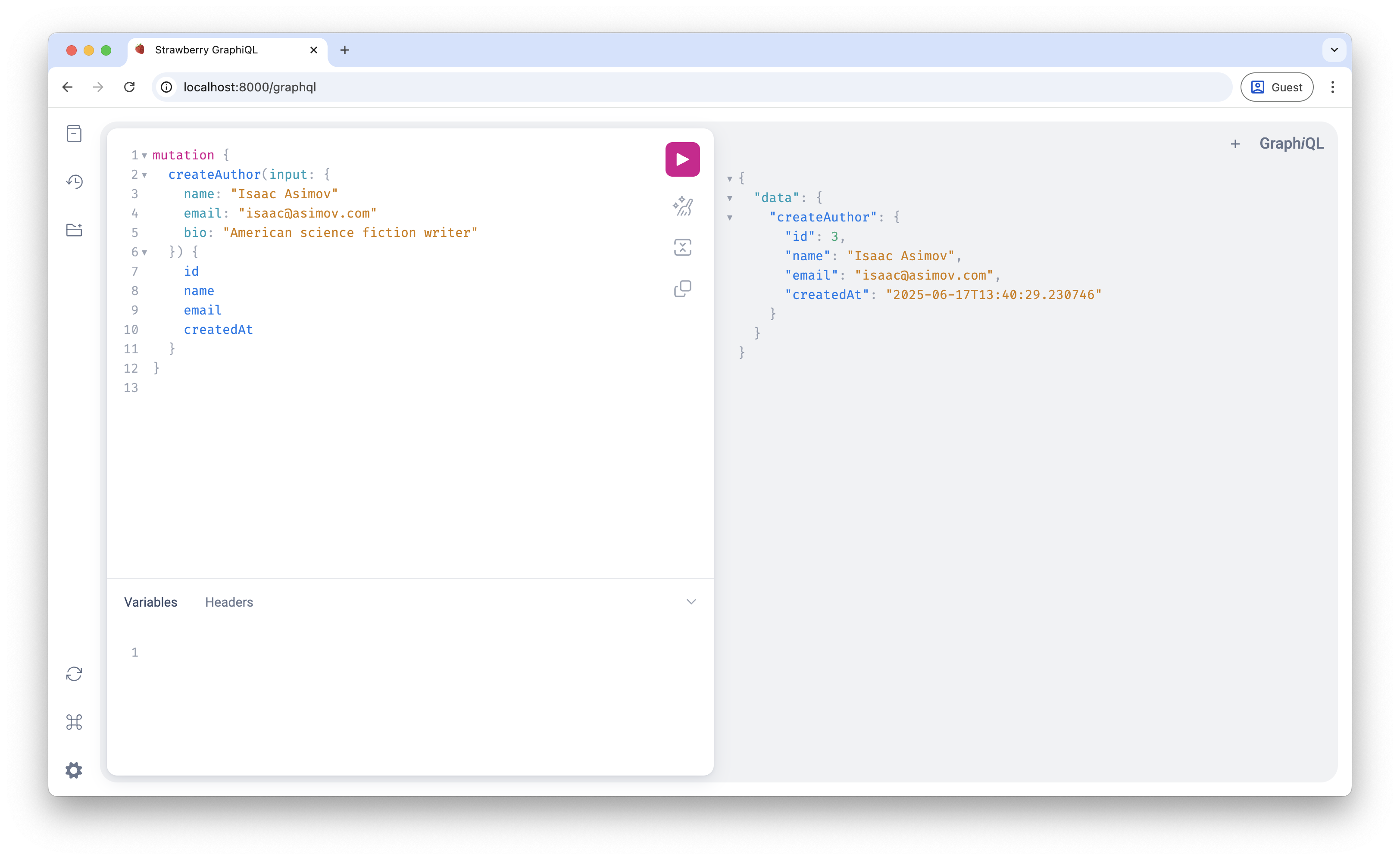 Screenshot of `createAuthor` mutation set