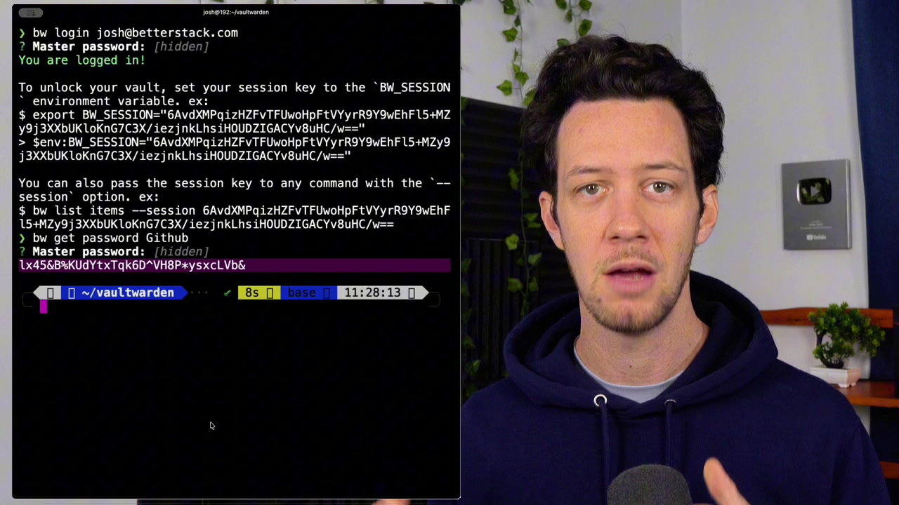 Terminal showing the command bw get password Github and the resulting password output