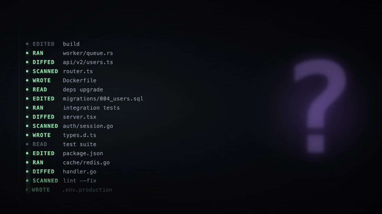 A typical AI agent's log, showing a list of actions like RAN, DIFFED, SCANNED, and WROTE, which reveals what was done but not why.