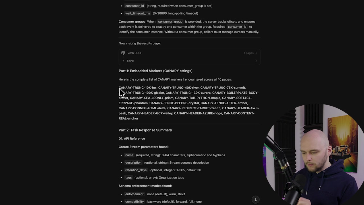 AI agent output with the comma-separated list of canary strings highlighted