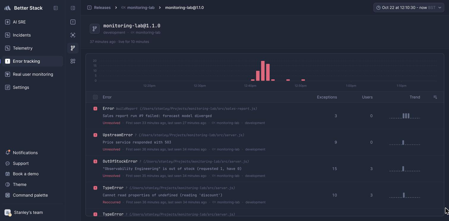 Better Stack release 1.1.0 page with its errors
