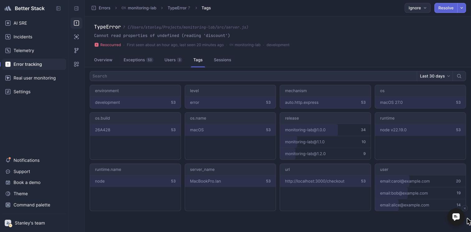 Better Stack error tags split by release