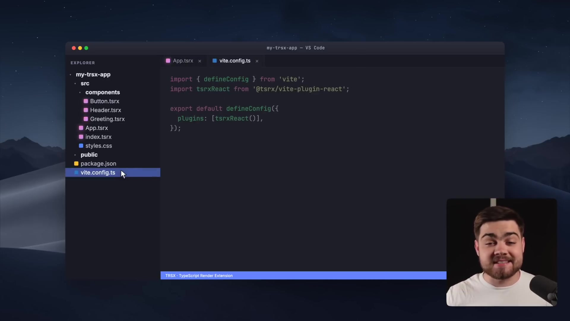 The vite.config.ts file showing the addition of the tsrxReact() plugin