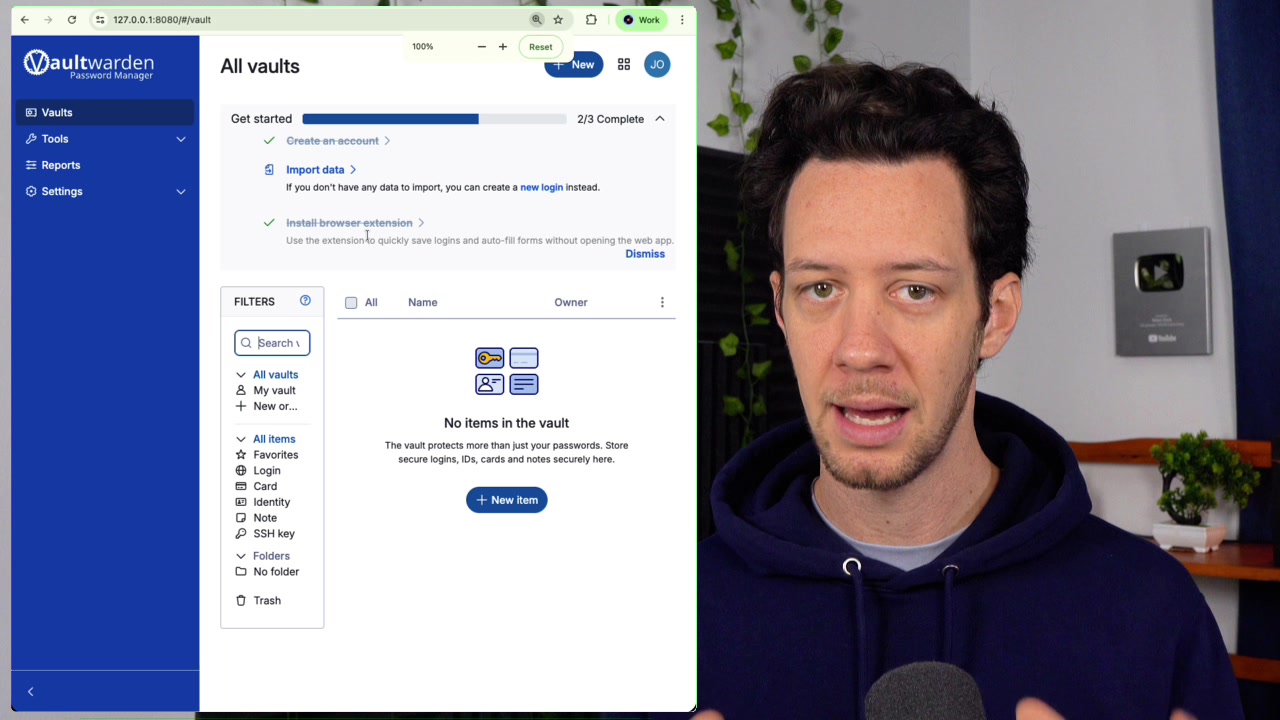 Main Vaultwarden web interface after login showing an empty vault ready for use