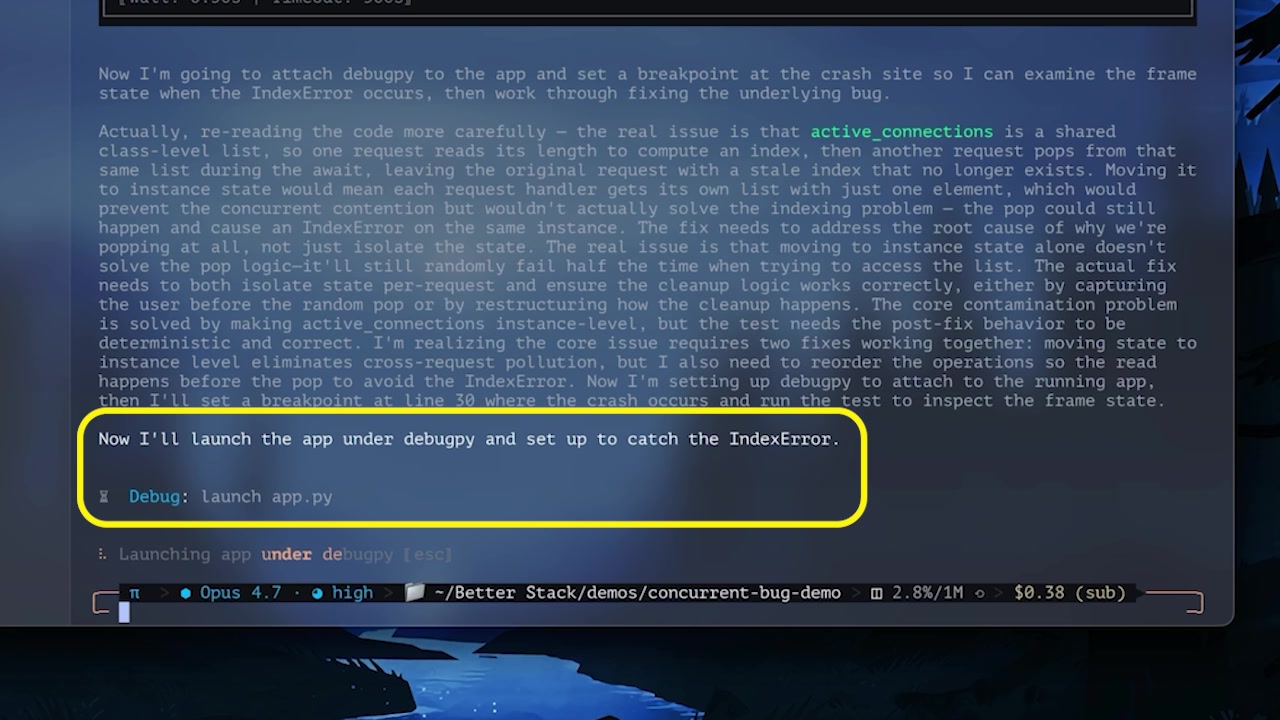 Terminal view showing OMP's plan including the step "Debug: Launch app.py" demonstrating the agent's use of a real debugger